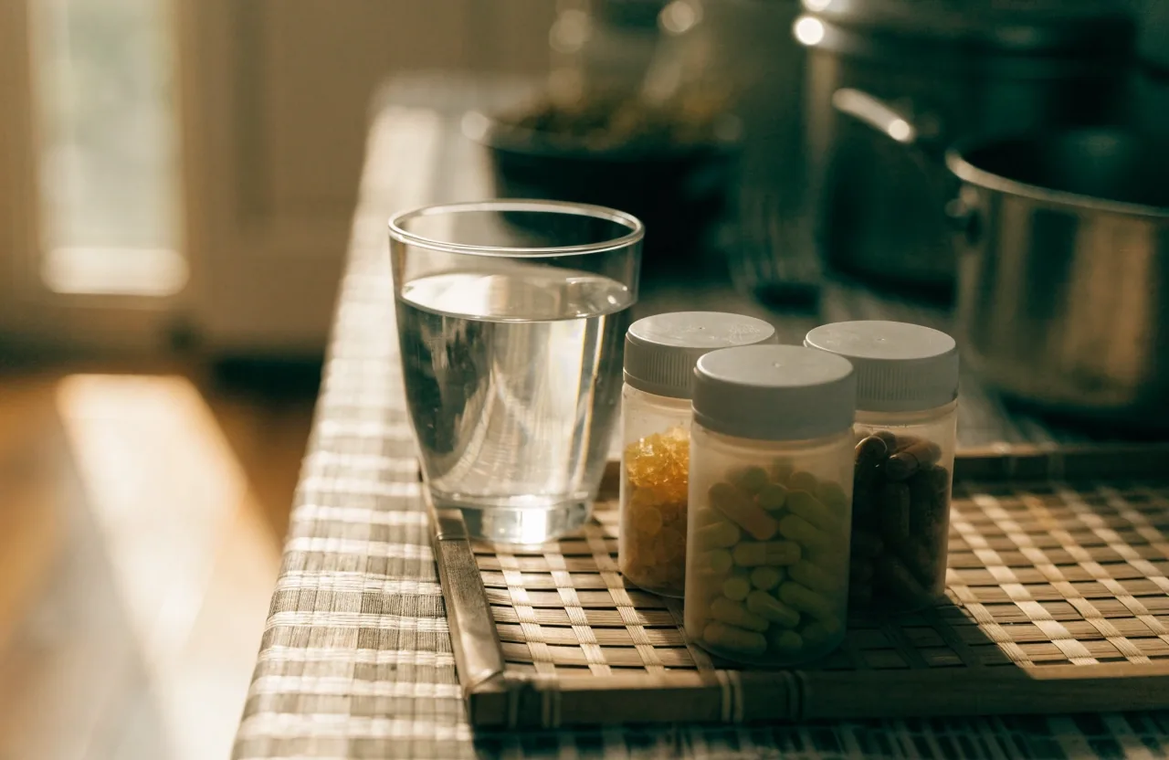 Printed comparison sheets and a glass of water on a desk where a reader compares men's vitamin formulas