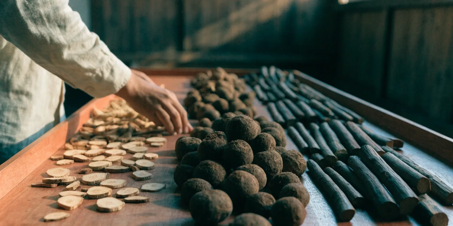 Drying tray with piles of sliced ginseng, maca root and cut tongkat ali sticks being sorted by hand