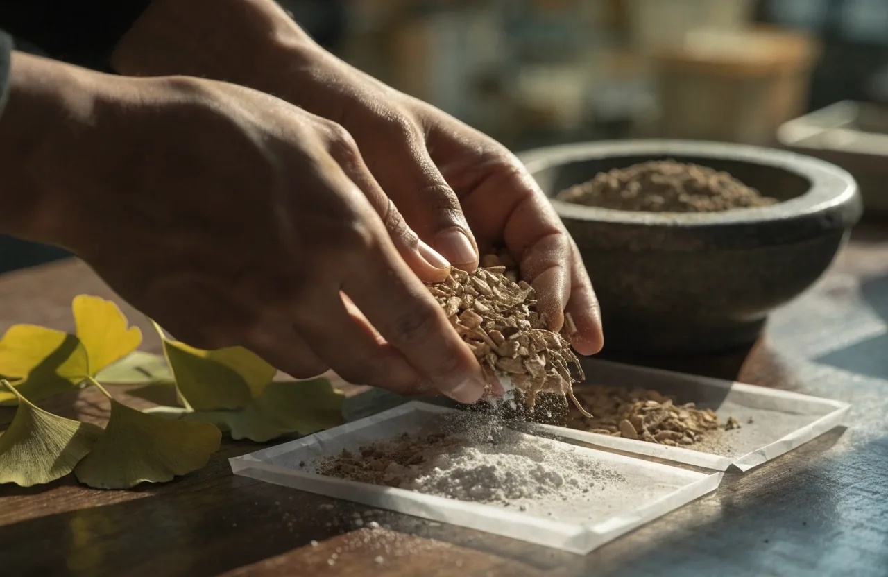 Hands portioning dried root, ginkgo leaf and mineral powder into trays on a workbench