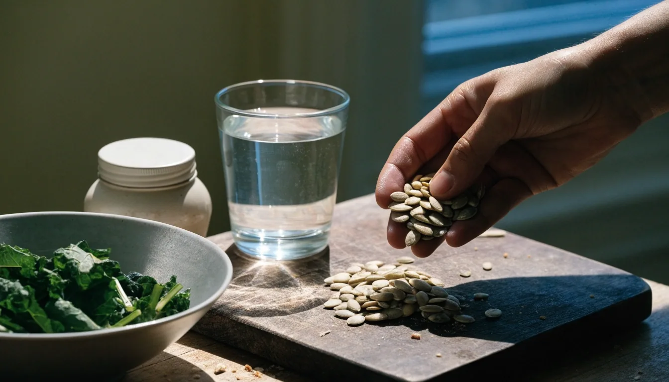 Open containers of mineral supplements with pumpkin seeds and dark greens on a stone counter
