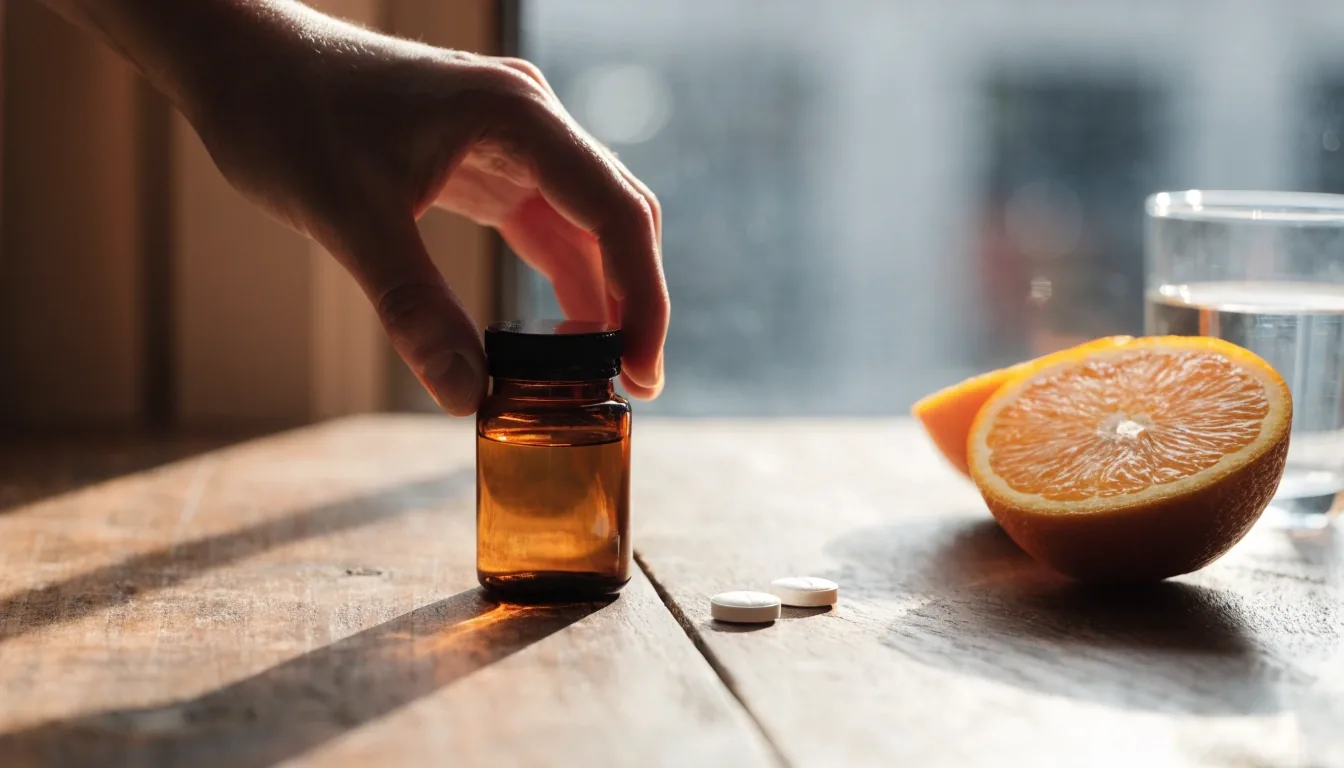 Two plain daily tablets beside an amber bottle and a squeezed orange half