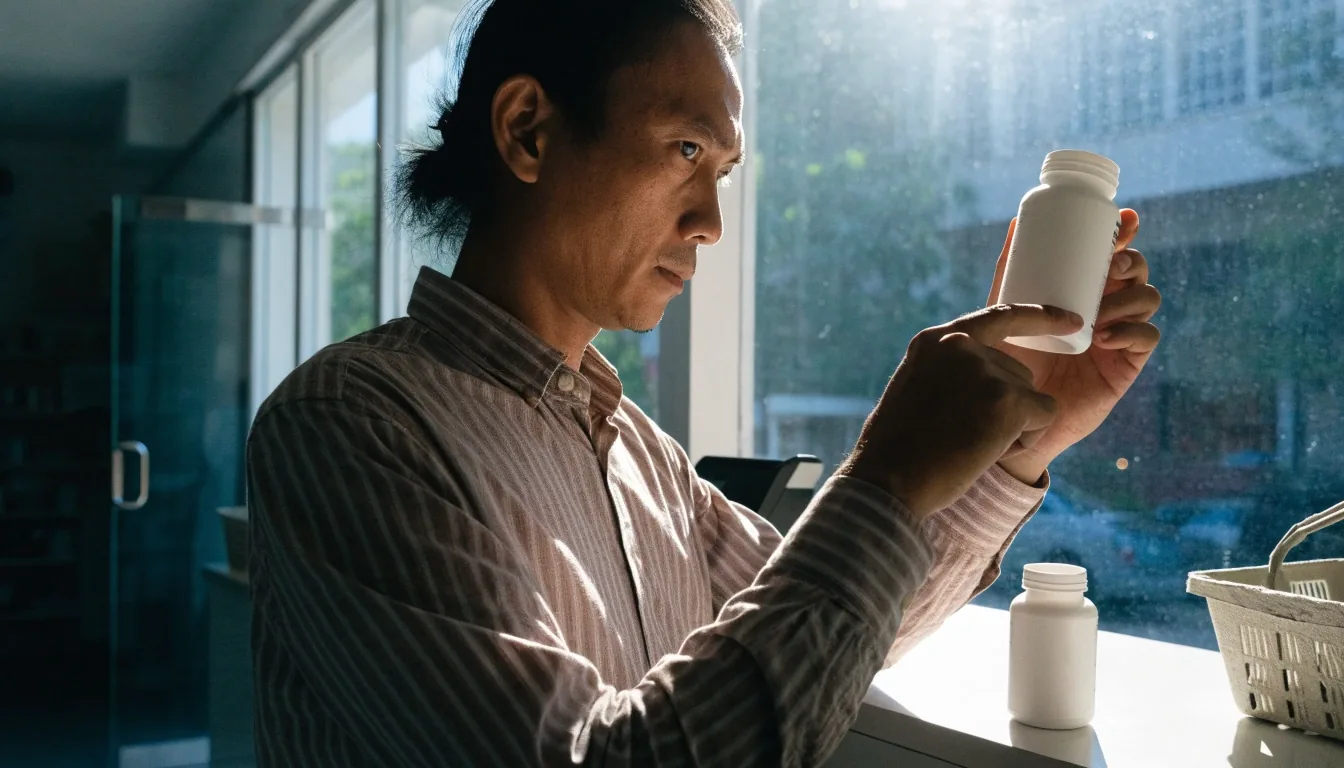 A man turning a supplement bottle to read its back panel at a pharmacy counter