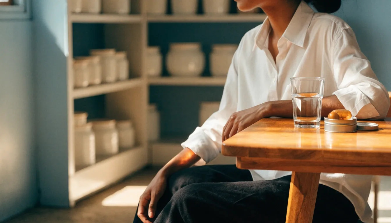 A calm study corner with a glass of water and supplement jars on a light wood table in morning light